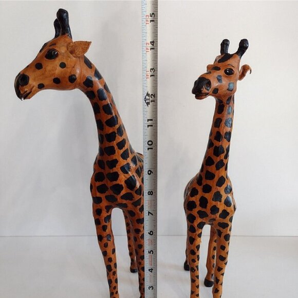Vtg Set Of Hand Crafted Leather Wrapped Giraffe Figurines Statues 16" Glass Eye - Picture 13 of 13